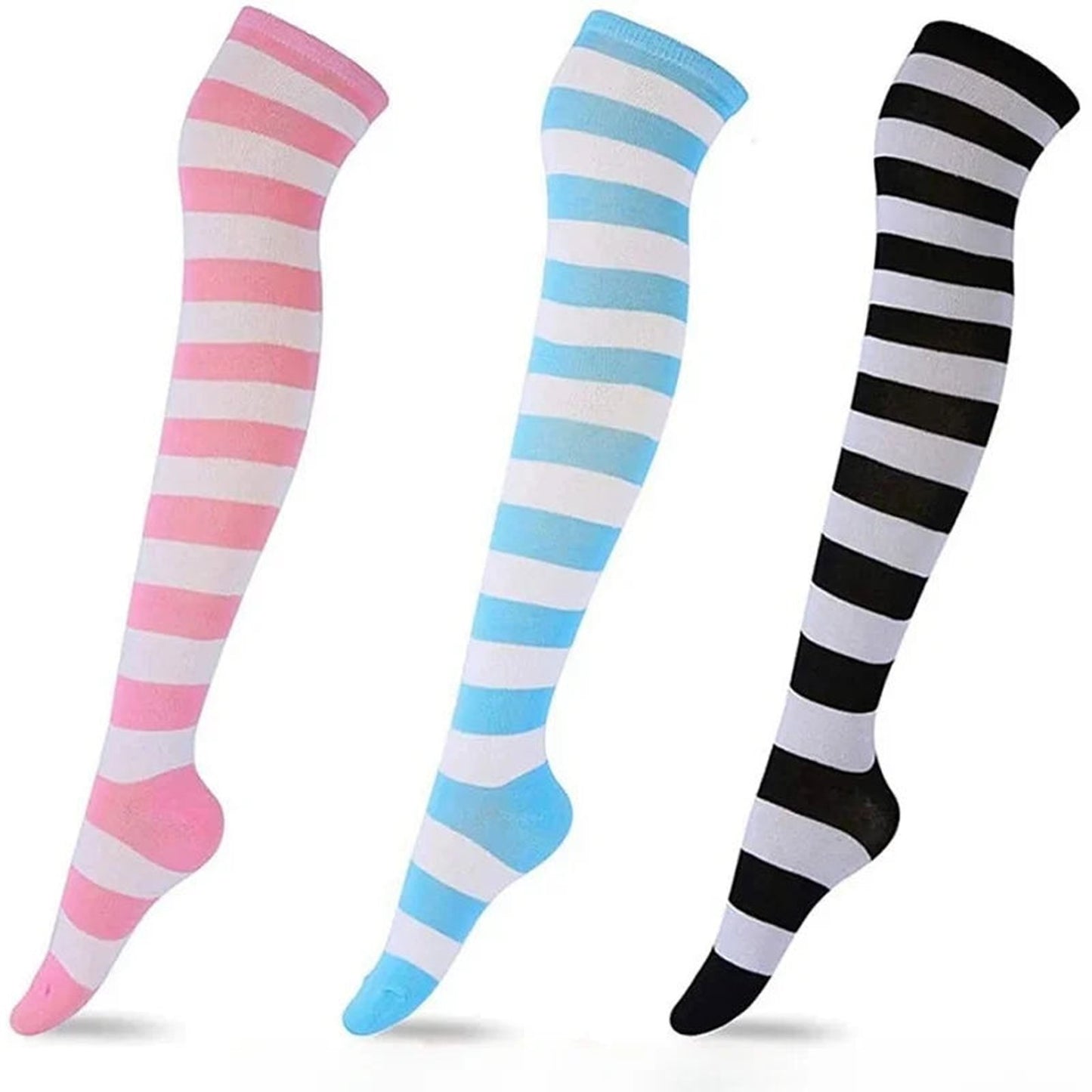 LuckeLadybug LLC kawaii striped knee high socks in pink, blue, and black for a playful look