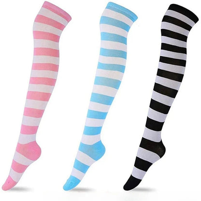 LuckeLadybug LLC kawaii striped knee high socks in pink, blue, and black for a playful look