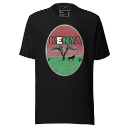Kenya Wildlife Graphic Black T-Shirt featuring acacia tree and animals in a colorful oval design