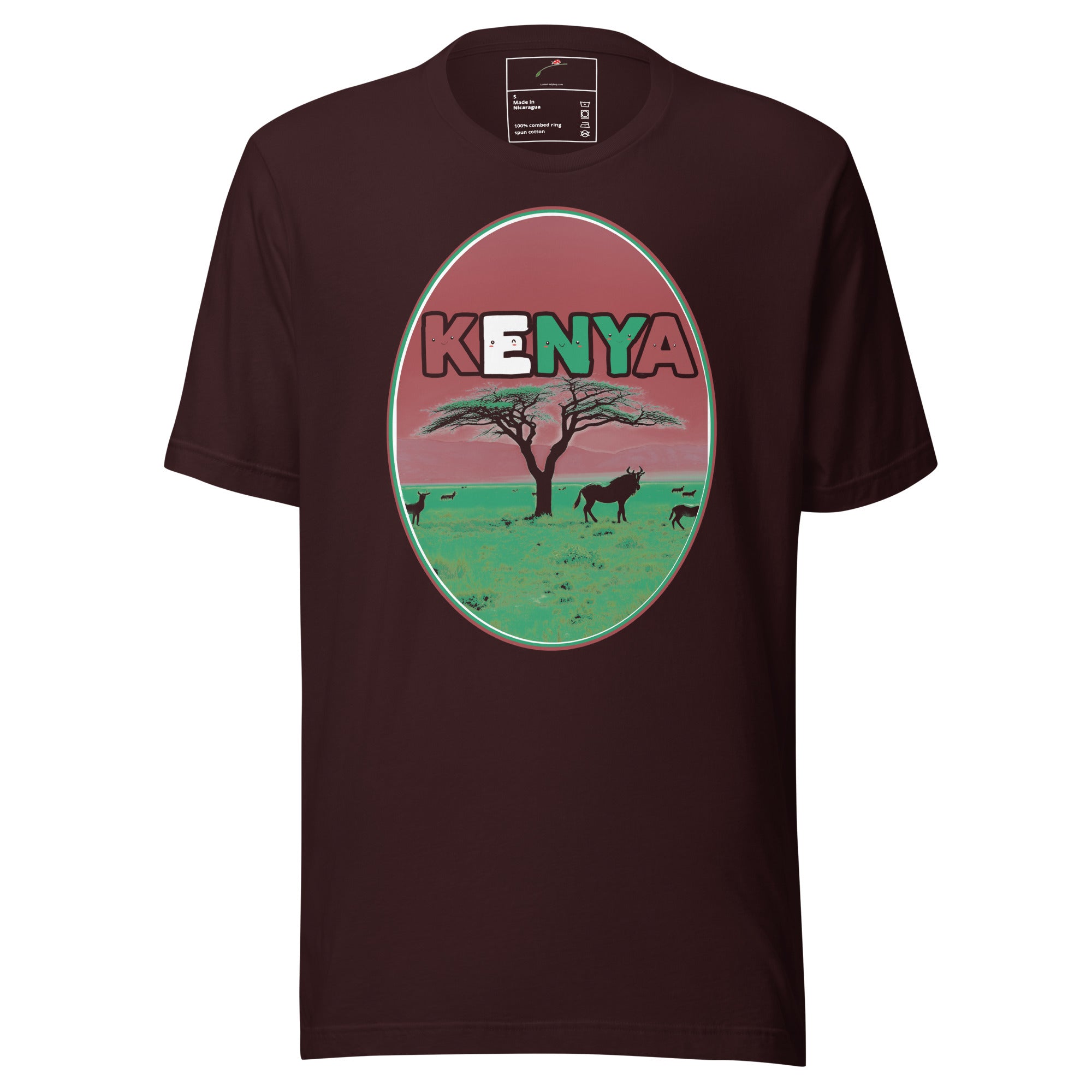 Kenya Wildlife Graphic Black T-Shirt featuring silhouette animals and tree design on black fabric