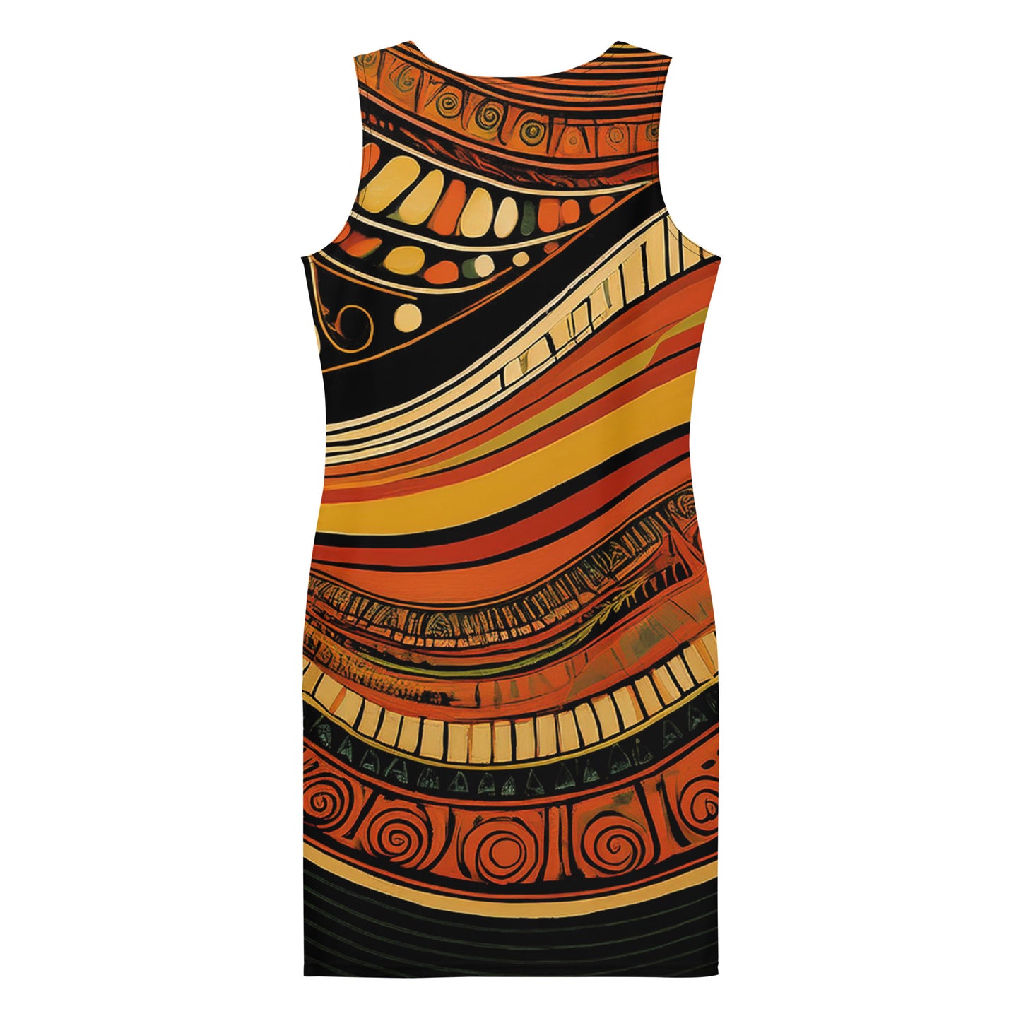 LuckeLadybug Kenyan style party dress bodycon sleeveless with vibrant abstract tribal patterns