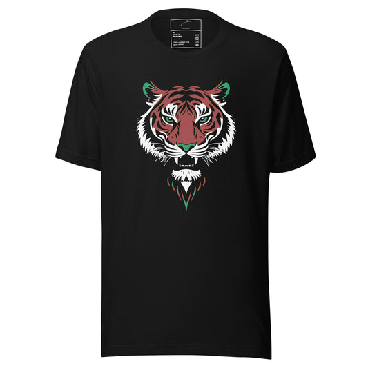 Black Printful Kenyan tribal tiger t-shirt with colorful stylized tiger face graphic
