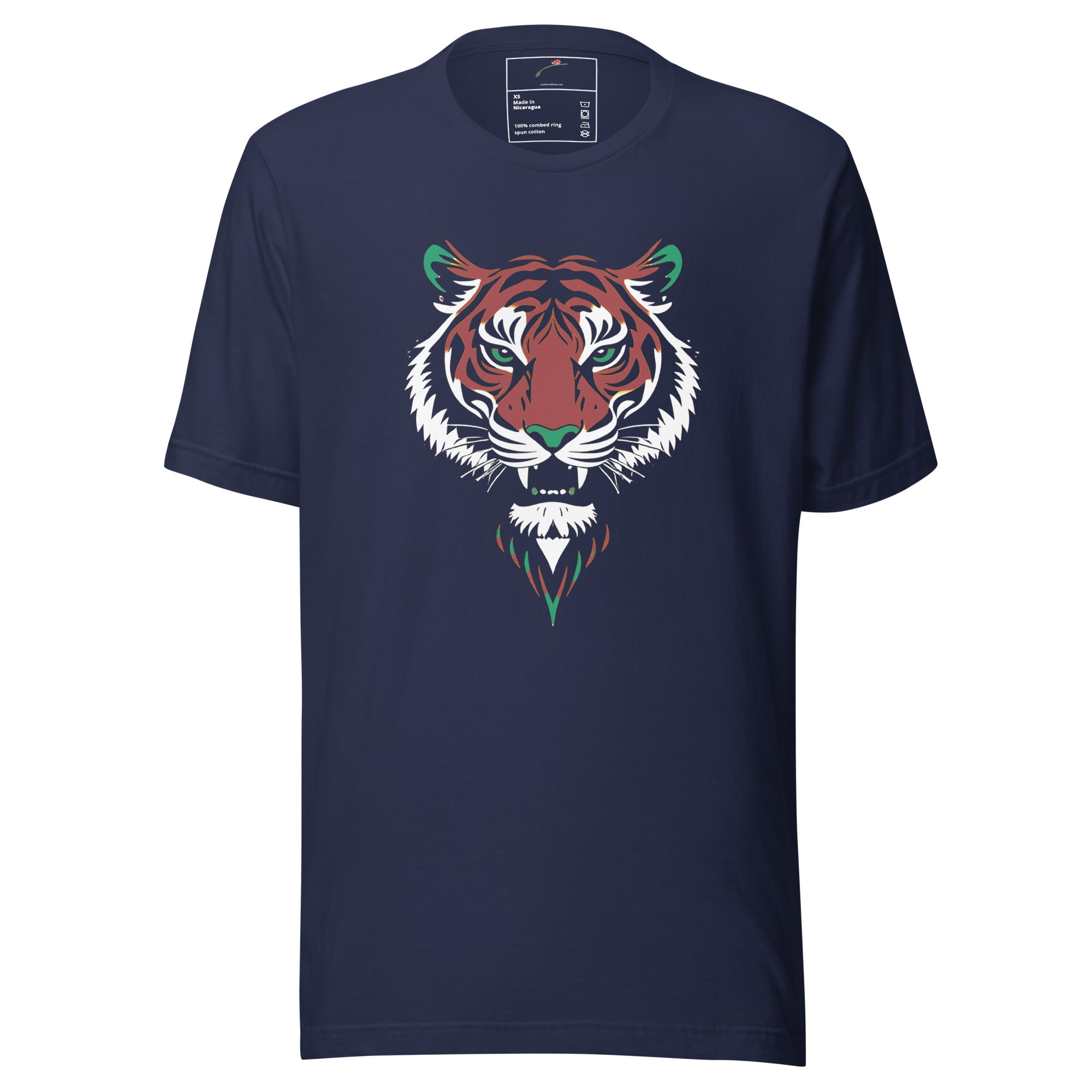 Navy blue Printful Kenyan tribal tiger t-shirt with colorful tiger face graphic on front