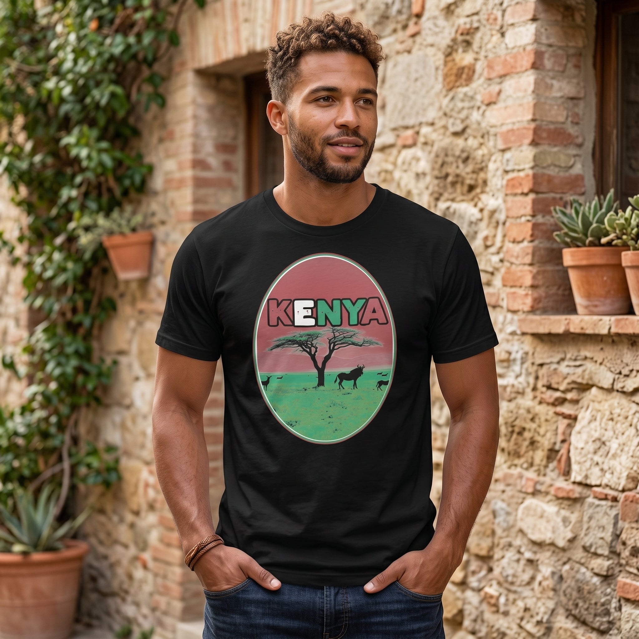 Camiseta negra con gráfico de vida silvestre de Kenia