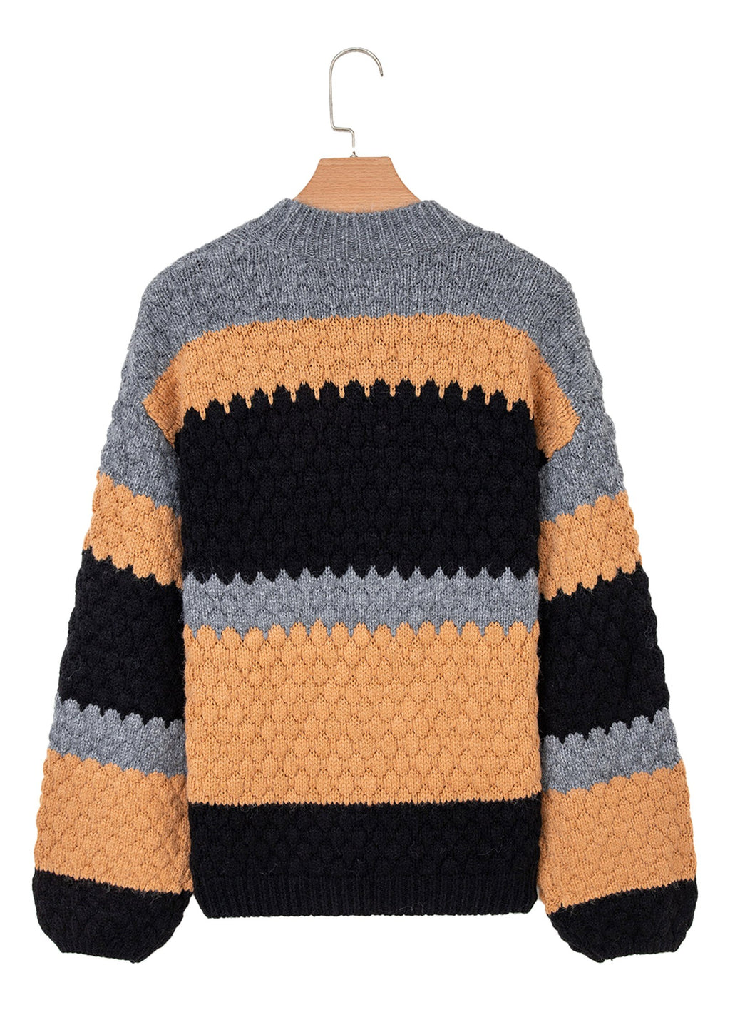 Back view of khaki color block high neck sweater by LuckeLadybug LLC with textured pattern and bold colors