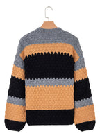 Back view of khaki color block high neck sweater by LuckeLadybug LLC with textured pattern and bold colors