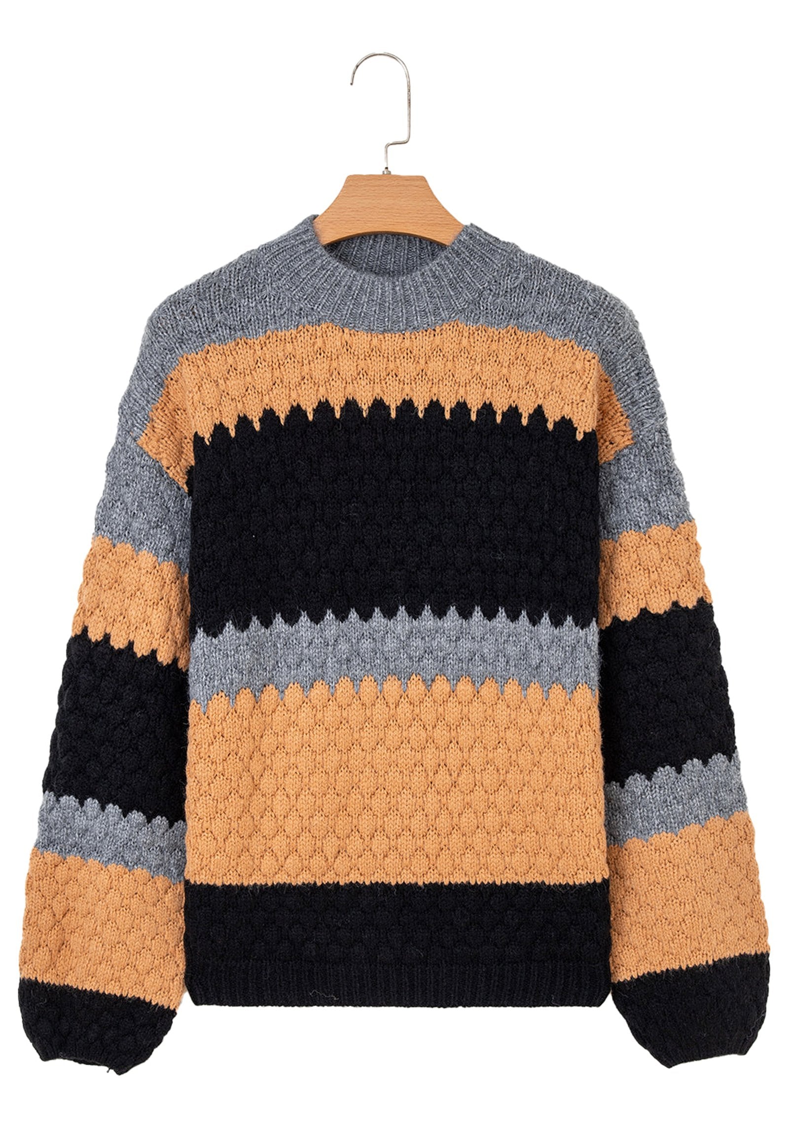 Khaki color block high neck sweater from LuckeLadybug LLC with textured stripes and comfortable fit