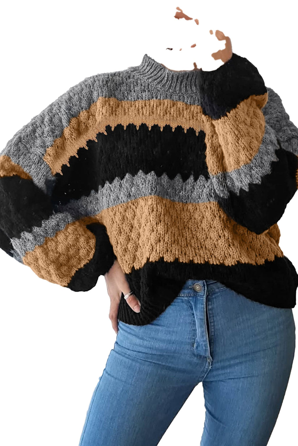 Khaki color block high neck sweater with textured design in shades of gray and black
