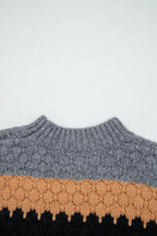 Khaki color block high neck sweater featuring a cozy design and textured knit pattern