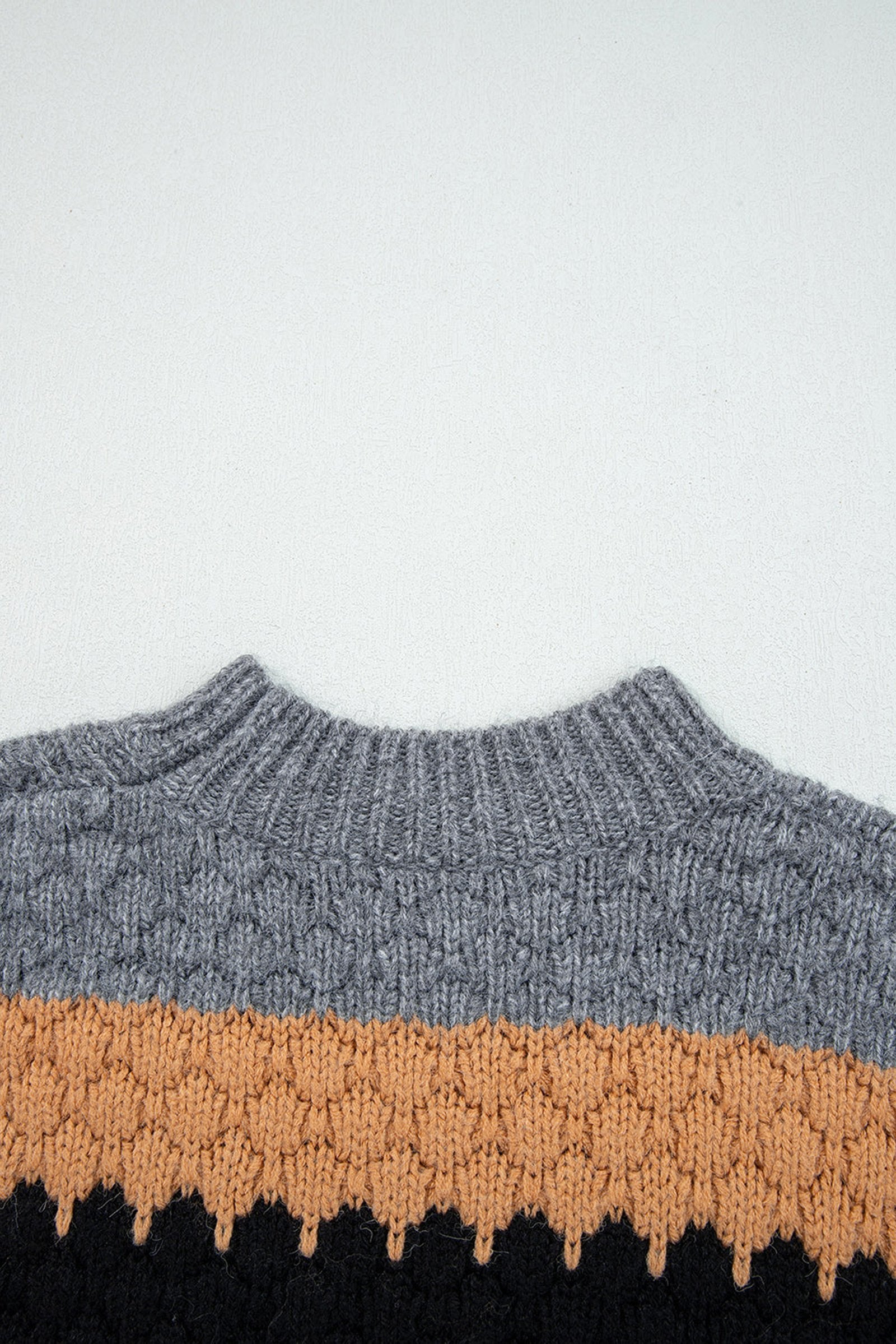 Khaki color block high neck sweater featuring a cozy design and textured knit pattern