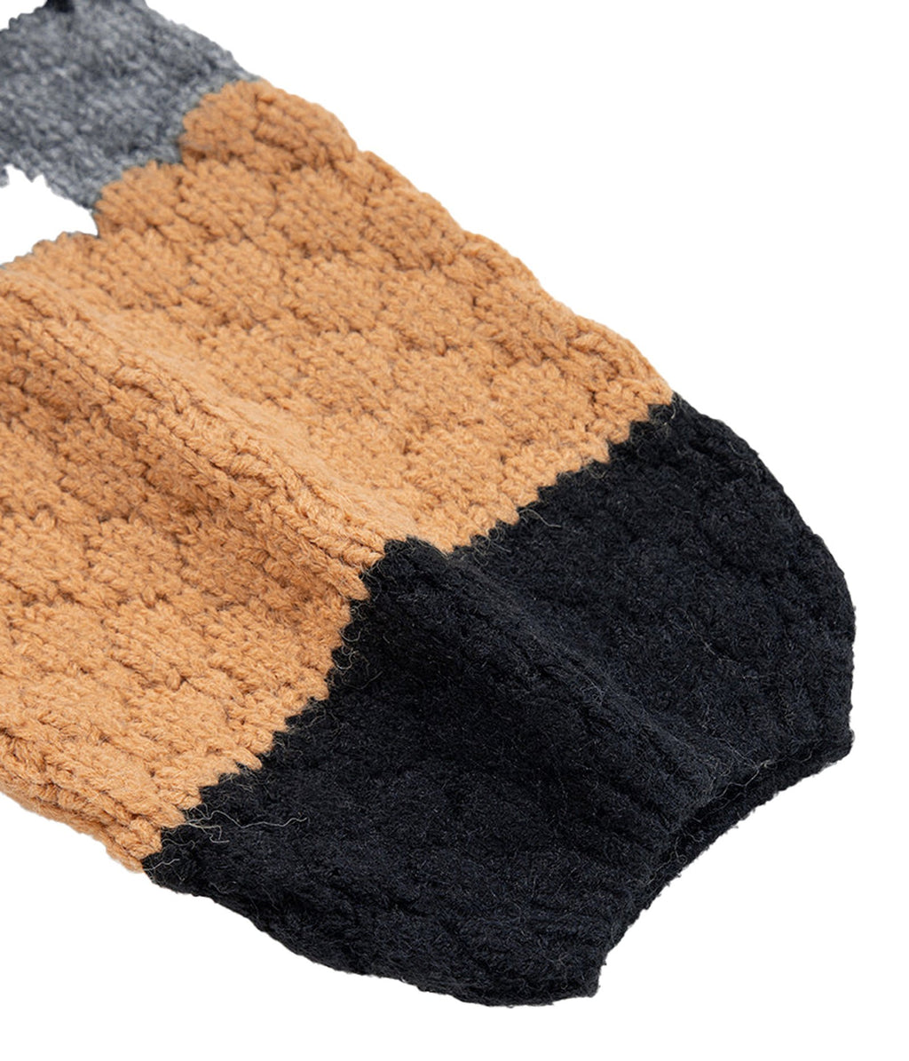 Khaki color block high neck sweater featuring textured knit design and contrasting sleeves