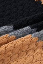 Khaki color block high neck sweater with textured fabric and layered knit design