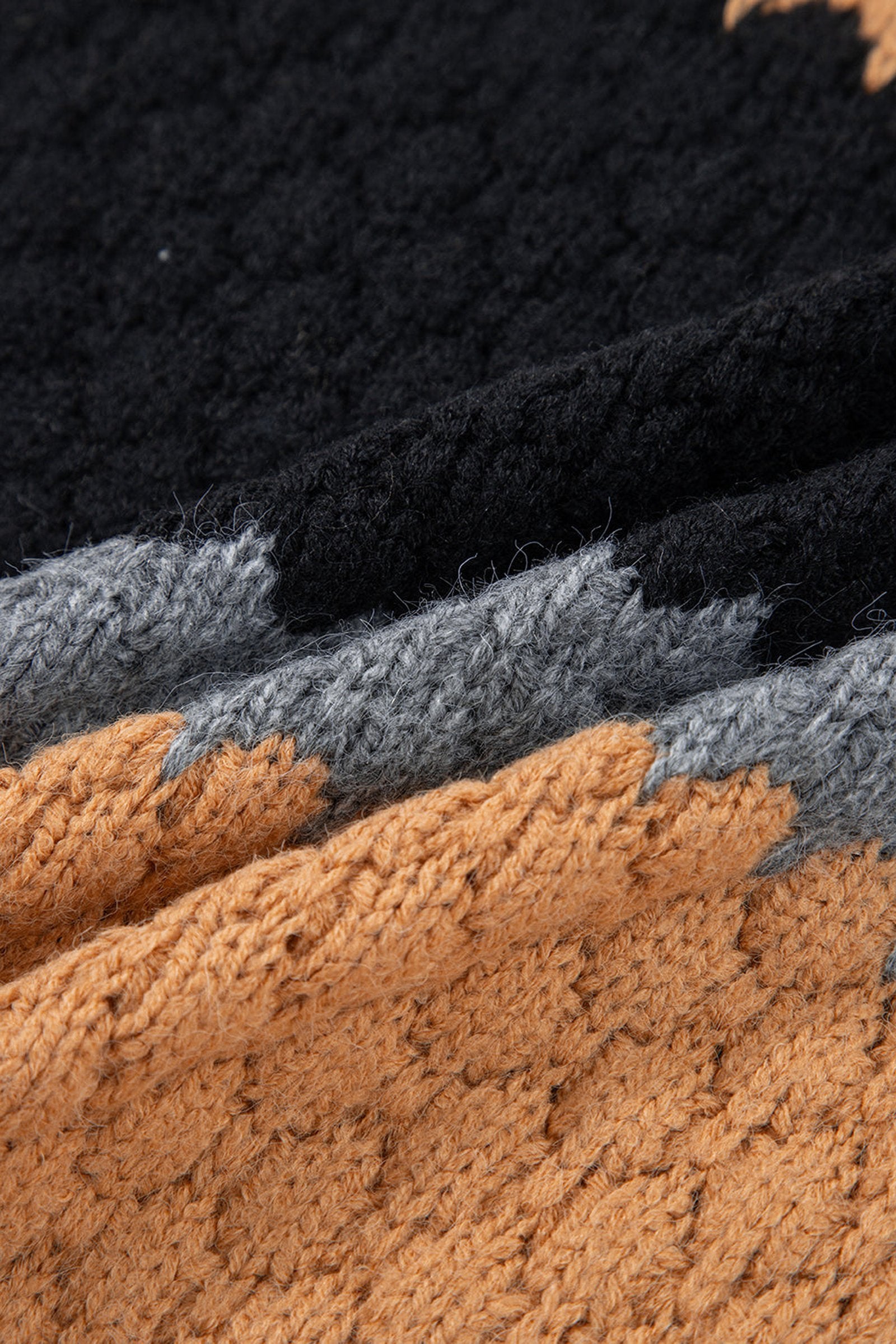 Khaki color block high neck sweater with textured fabric and layered knit design