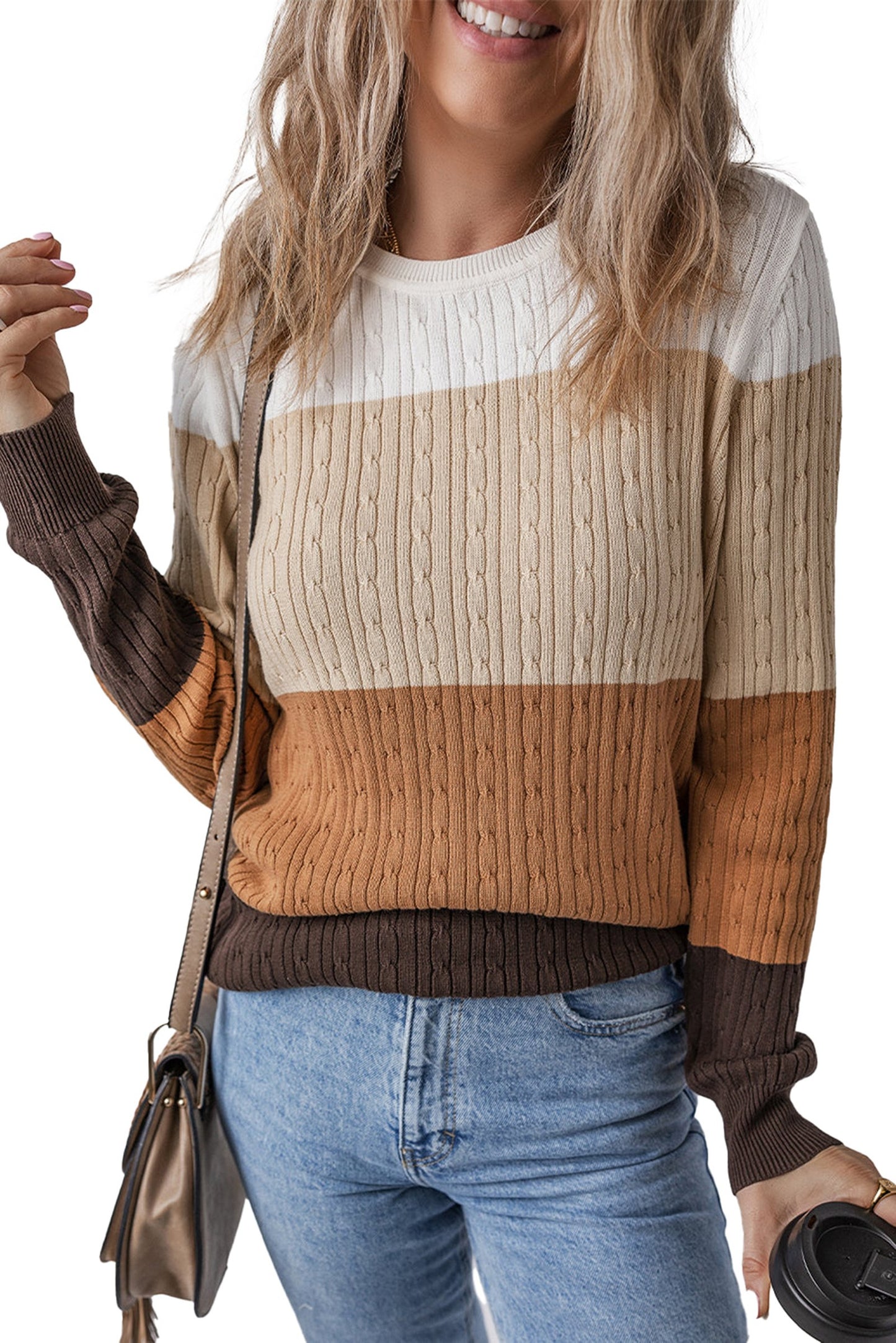LuckeLadybug khaki colorblock cable knit sweater with stylish striped design