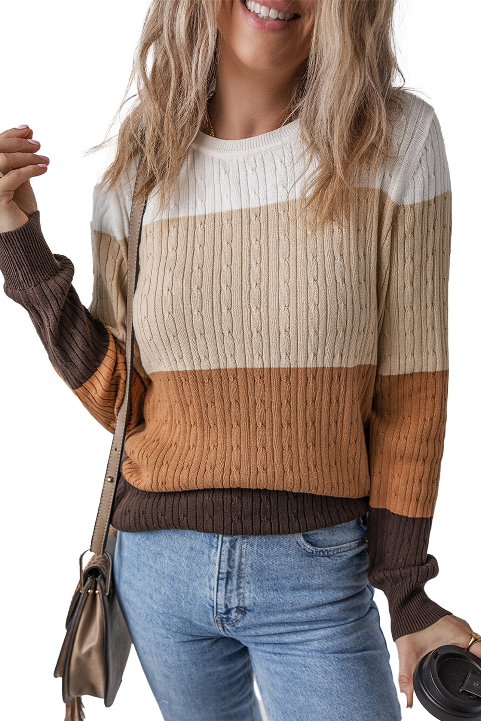 LuckeLadybug khaki colorblock cable knit sweater with stylish striped design