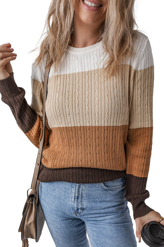 LuckeLadybug khaki colorblock cable knit sweater with stylish striped design