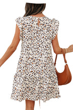 LuckeLadybug khaki leopard print mini dress with ruffle sleeves and back keyhole detail