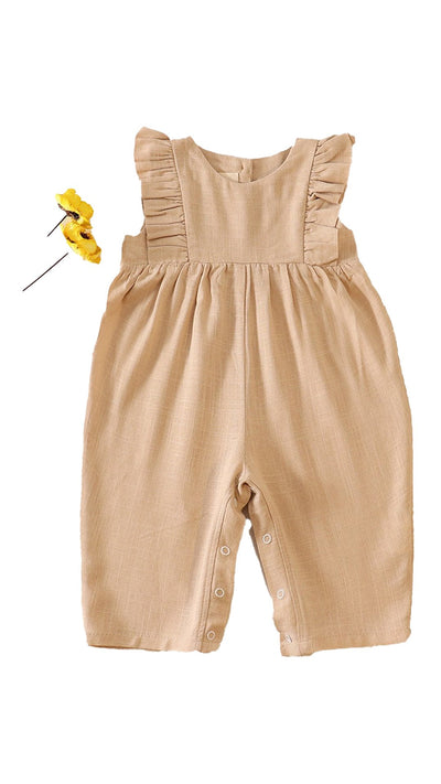 Adorable Khaki Linen Ruffle Romper: Stylish Comfort For Baby Girls - LuckeLadybug LLC