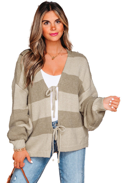 LuckeLadybug khaki striped cardigan sweater with a tie front and balloon sleeves for a stylish look