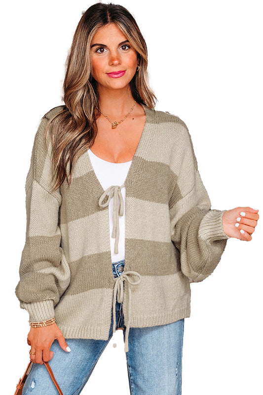 LuckeLadybug khaki striped cardigan sweater with a tie front and balloon sleeves for a stylish look
