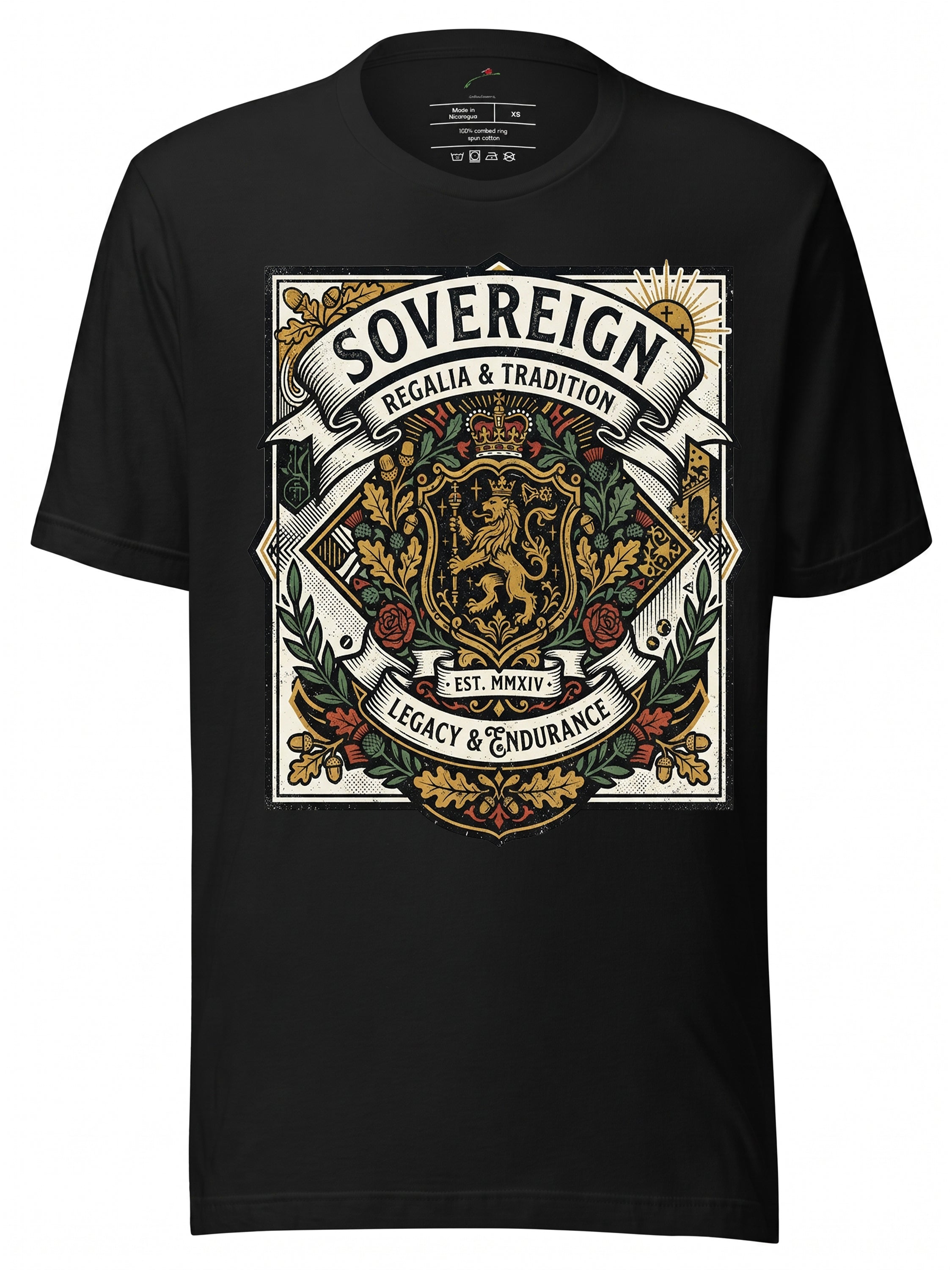 LuckeLadybug LLC Black T-Shirt featuring 'Sovereign' design with king and charles emblem