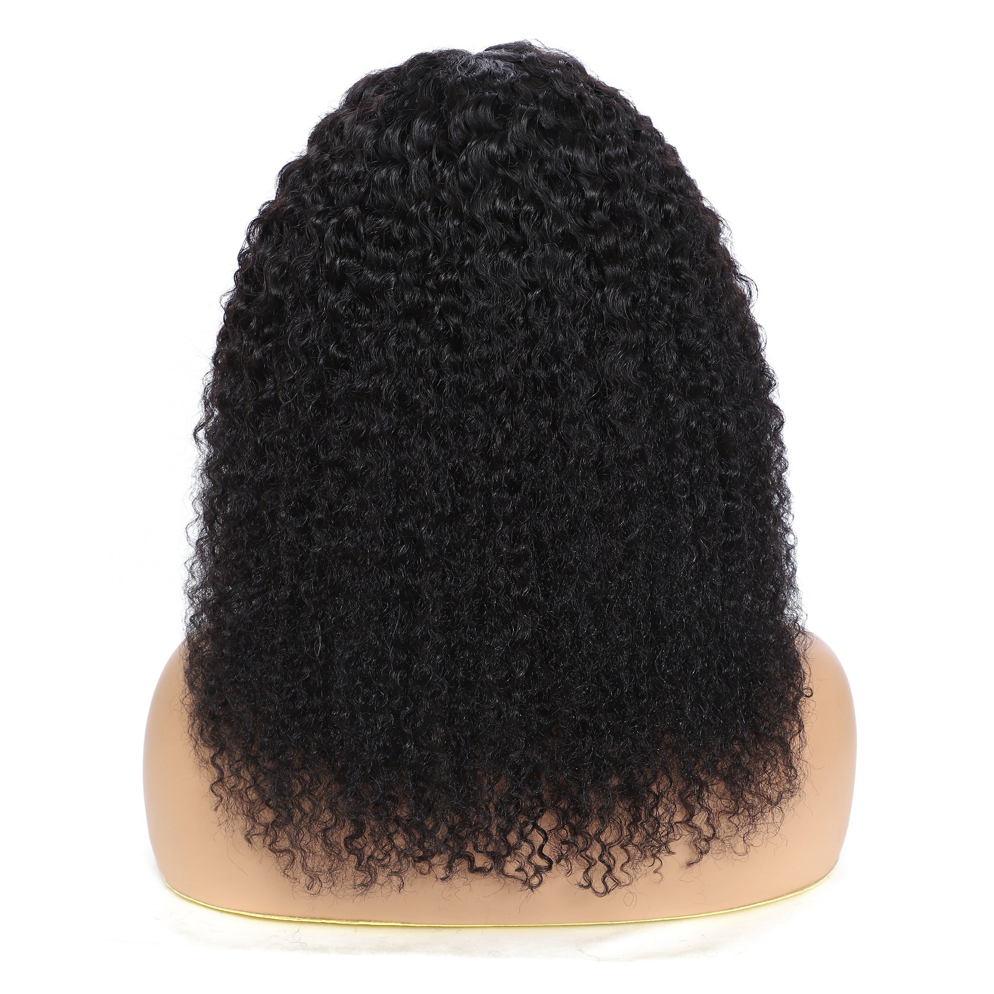Kinky curly human hair wig displayed on a mannequin, showcasing vibrant black curls.