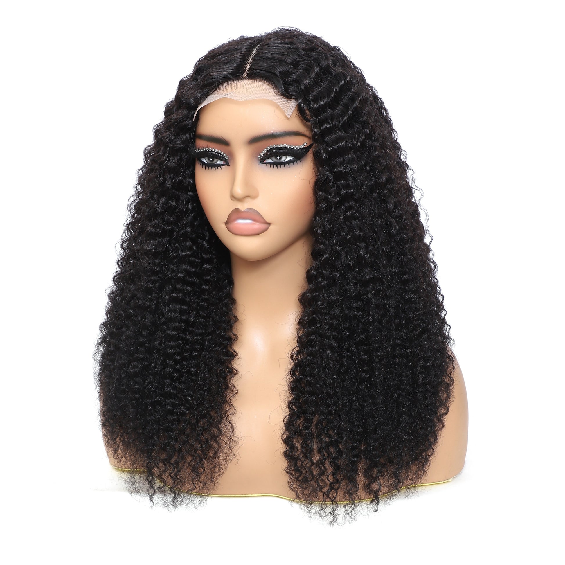 Kinky curly human hair wig in natural black color with full, voluminous curls for a stylish look