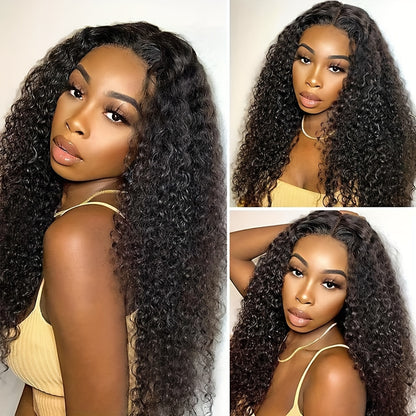 Kinky curly human hair wig styled on a model with a natural look and defined curls