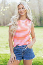 Pink Stripe Textured Knit Sleeveless Casual Sweater Top