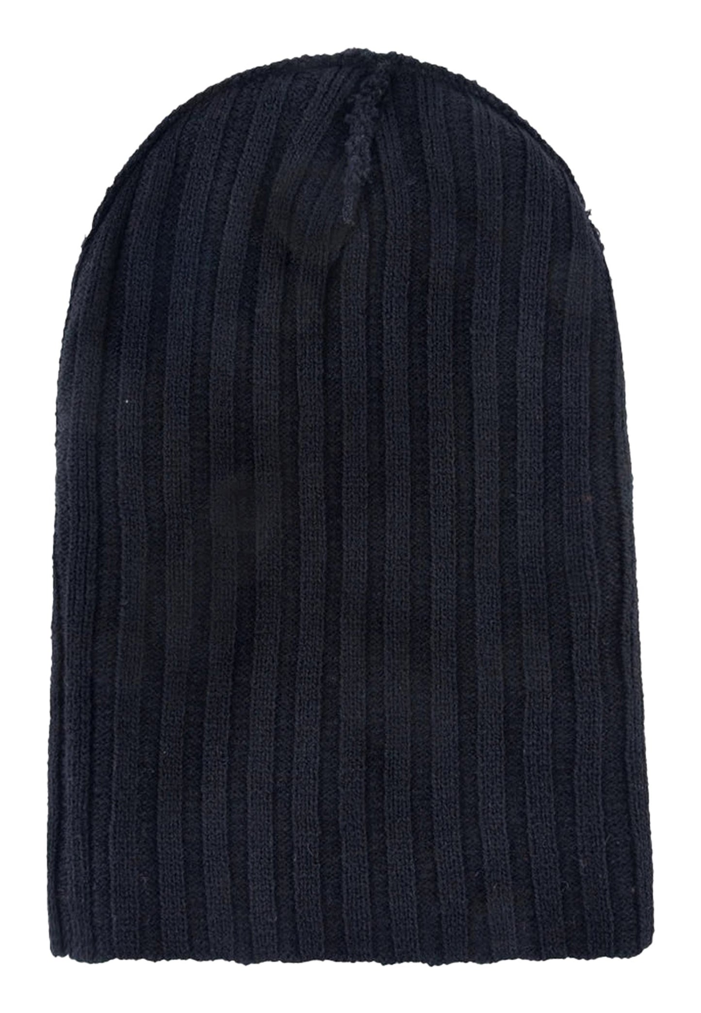Navy knitted beanie hat with patch featuring a comfortable ribbed design, perfect for cold weather