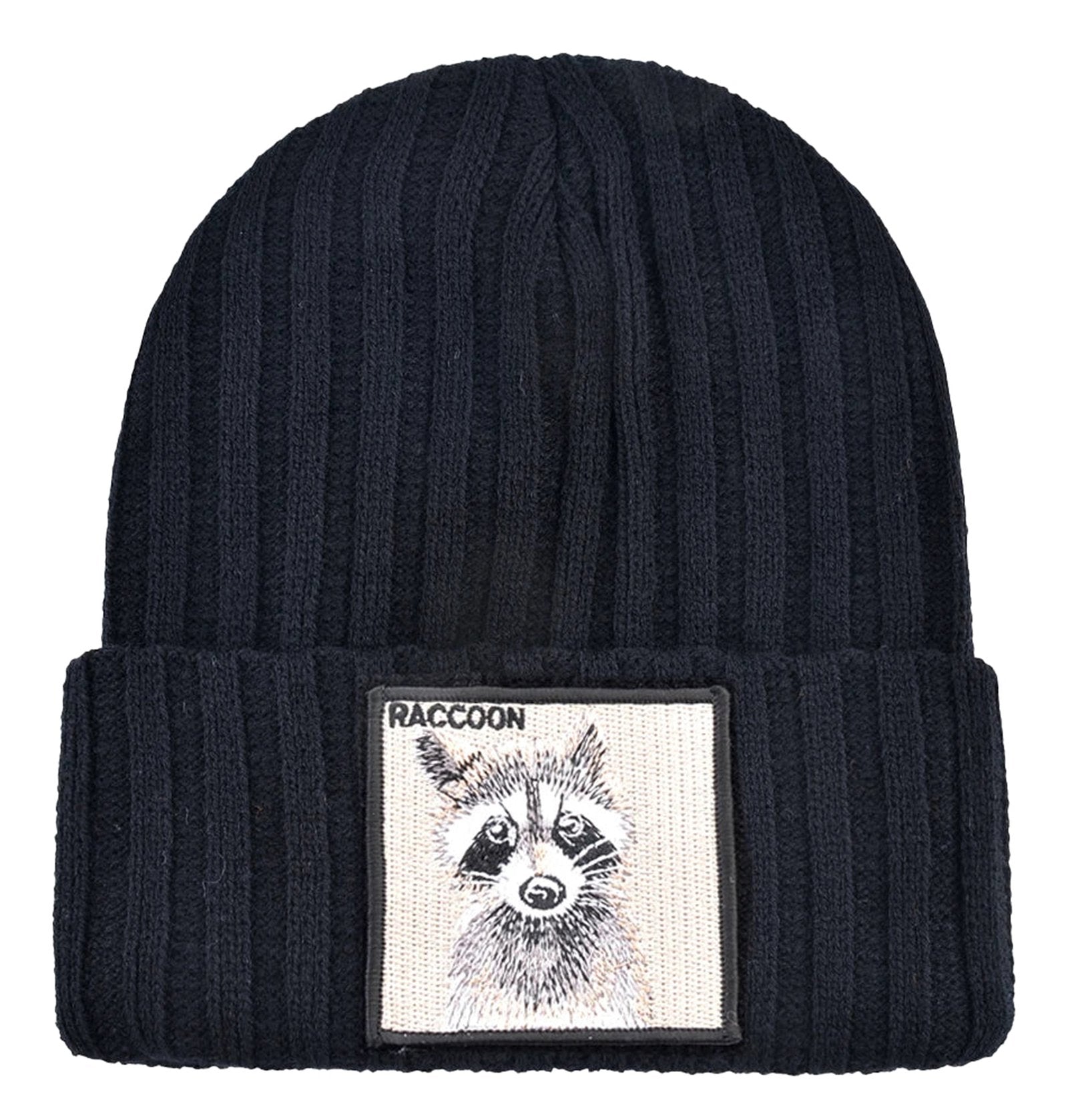 Navy knitted beanie hat with patch featuring a raccoon design for stylish warmth