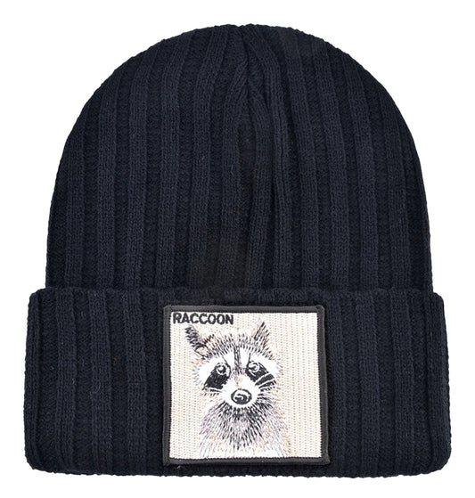 Navy knitted beanie hat with patch featuring a raccoon design for stylish warmth
