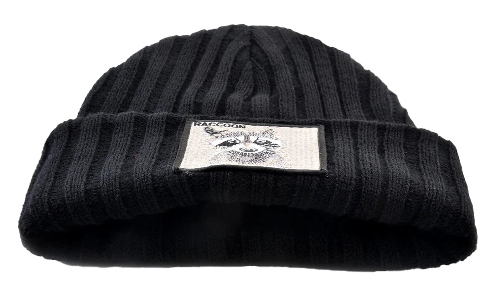 LuckeLadybug LLC Knitted beanie hat with patch featuring a raccoon design in a black ribbed style
