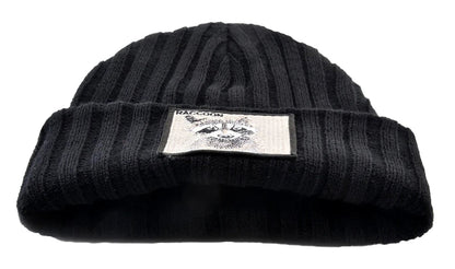 LuckeLadybug LLC Knitted beanie hat with patch featuring a raccoon design in a black ribbed style