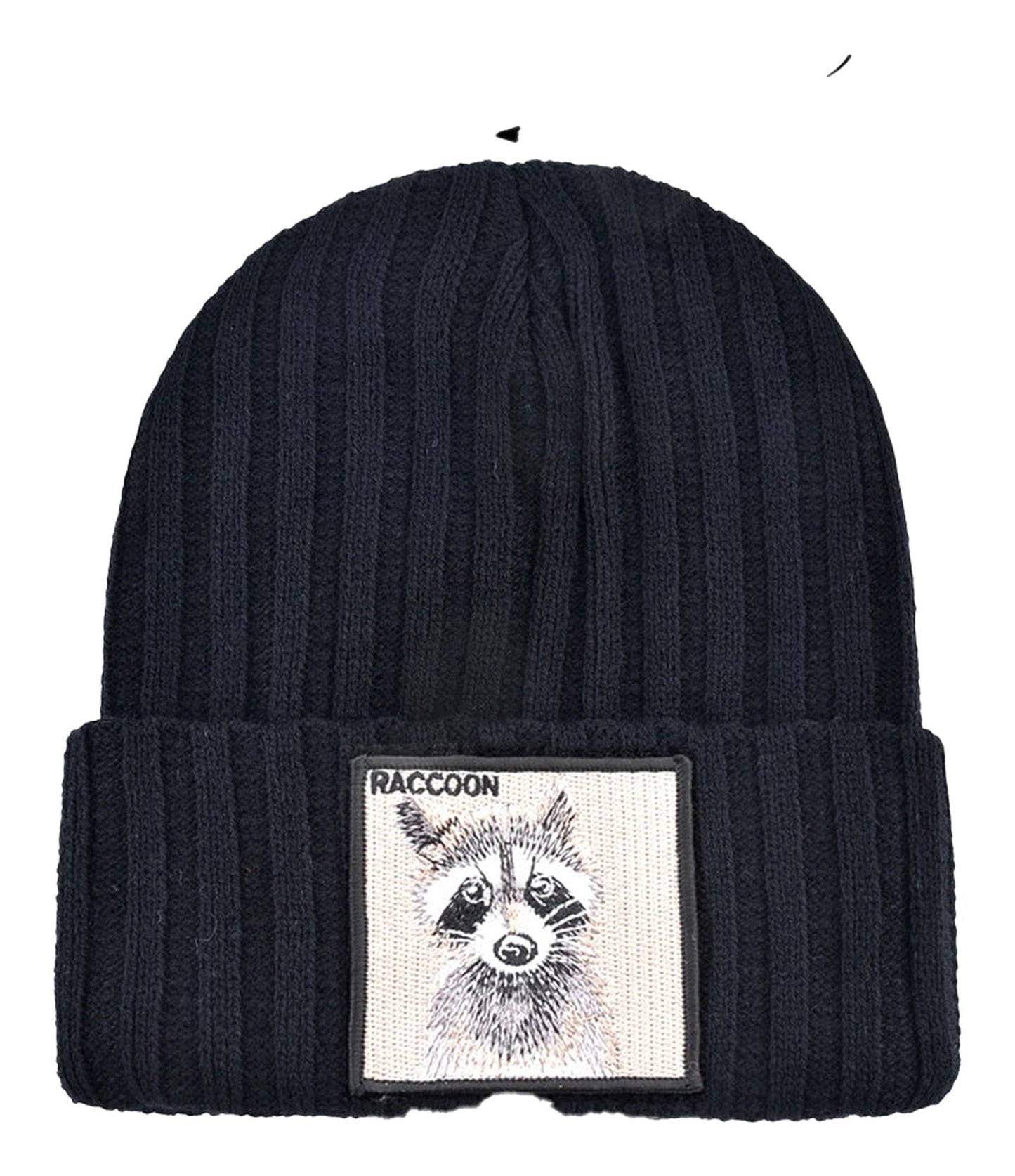 Navy knitted beanie hat with patch featuring a raccoon design for stylish winter wear