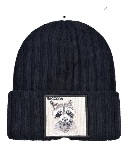 Navy knitted beanie hat with patch featuring a raccoon design for stylish winter wear