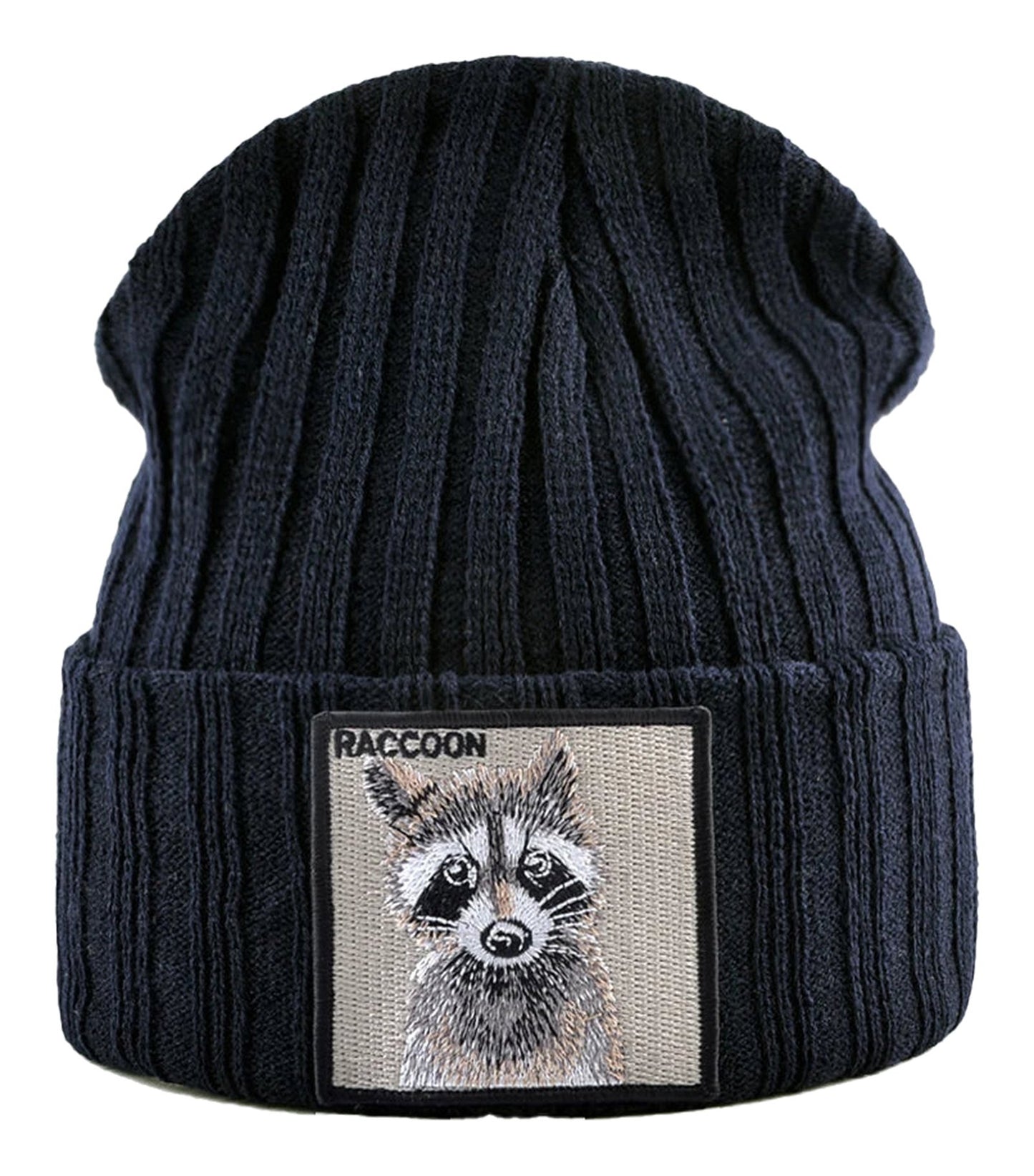 LuckeLadybug knitted beanie hat with patch featuring an adorable raccoon design