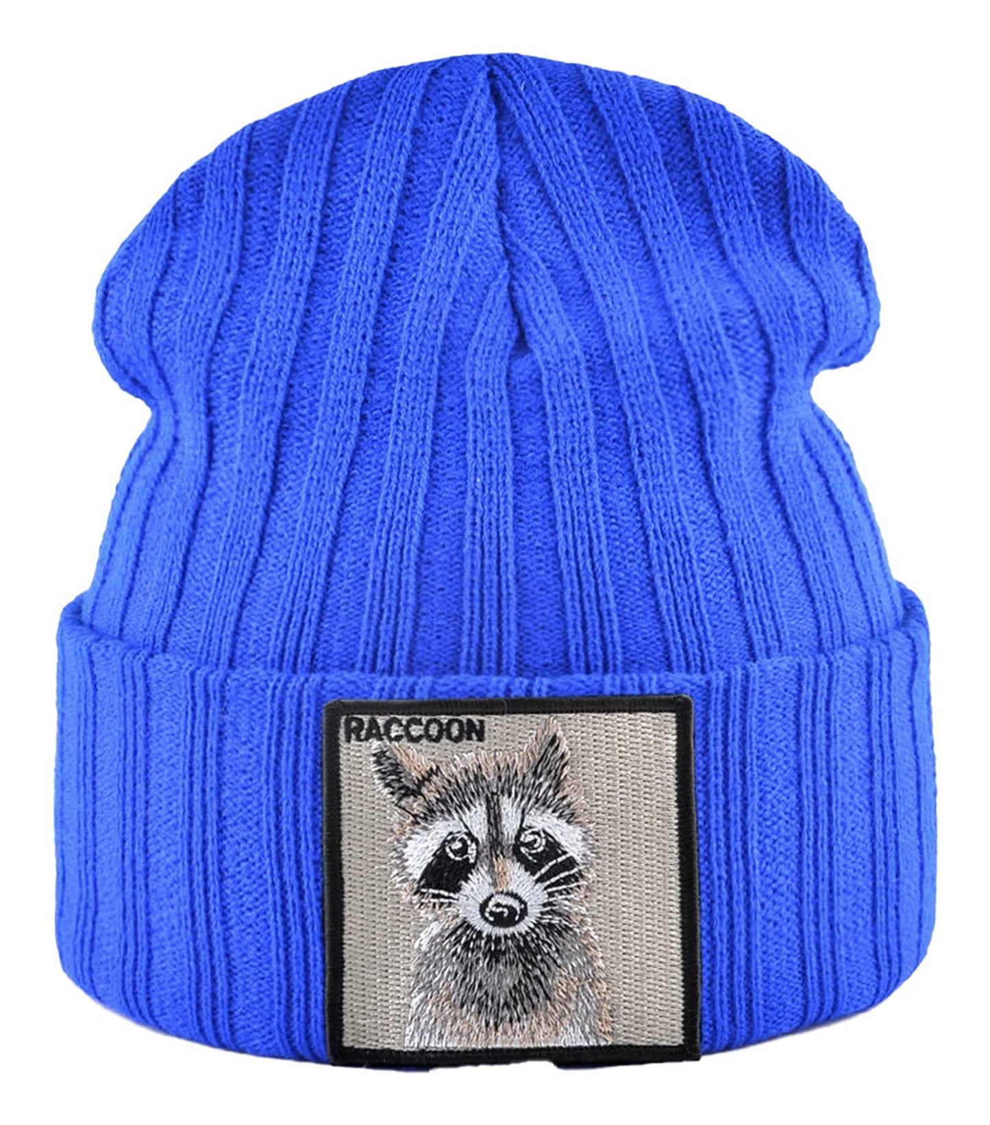 Blue knitted beanie hat with patch featuring a raccoon design by LuckeLadybug LLC