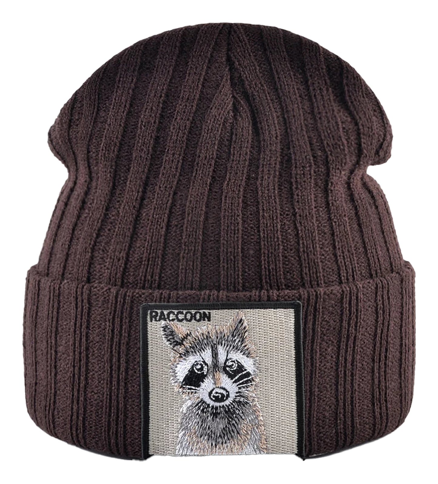 Brown knitted beanie hat with patch featuring a raccoon design for casual wear