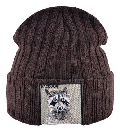 Brown knitted beanie hat with patch featuring a raccoon design for casual wear