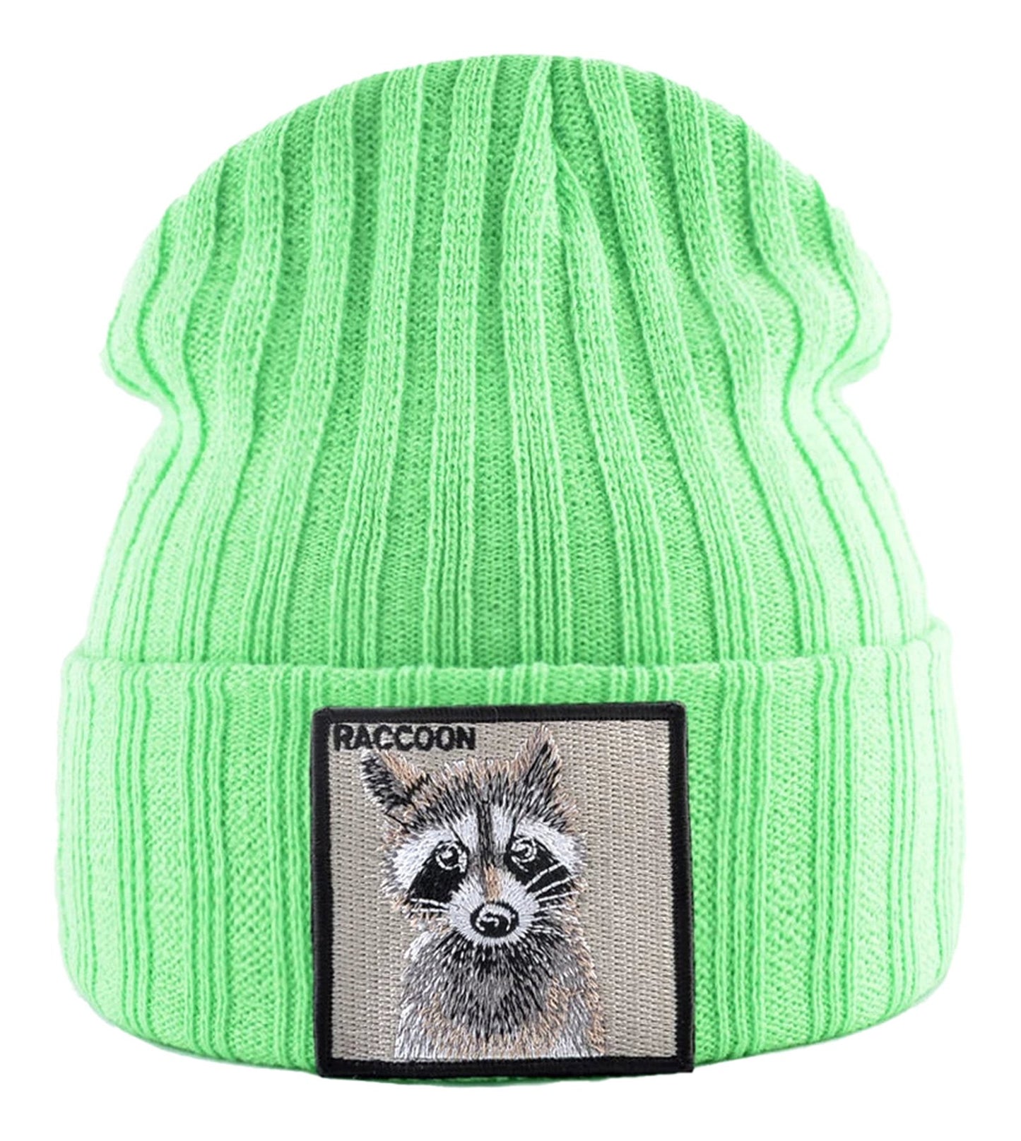 Bright green knitted beanie hat with patch featuring a raccoon design for a playful accessory