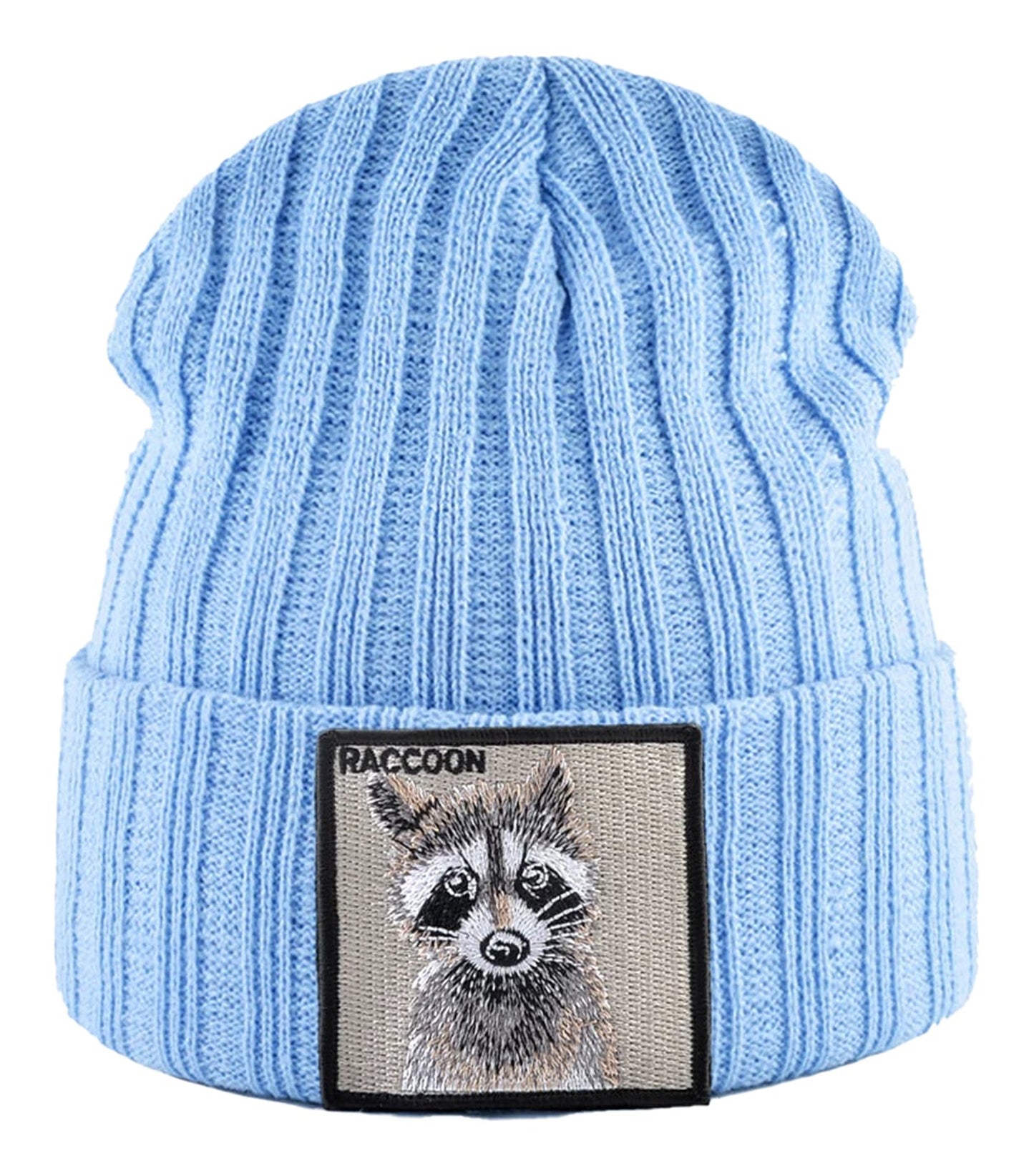 Light blue knitted beanie hat with patch featuring a raccoon design for stylish winter wear