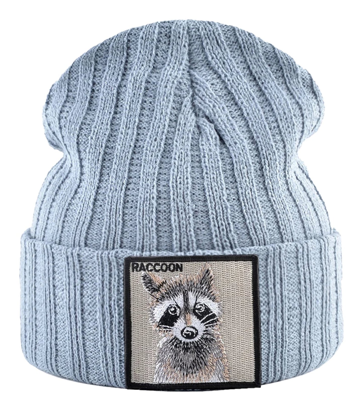 Light blue knitted beanie hat with patch featuring a raccoon design by LuckeLadybug LLC