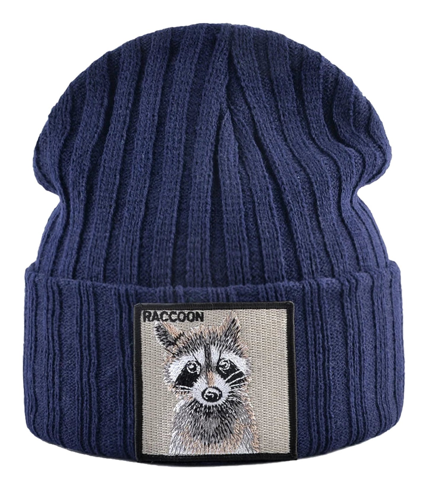 Navy knitted beanie hat with patch featuring a raccoon design, perfect for cold weather wear