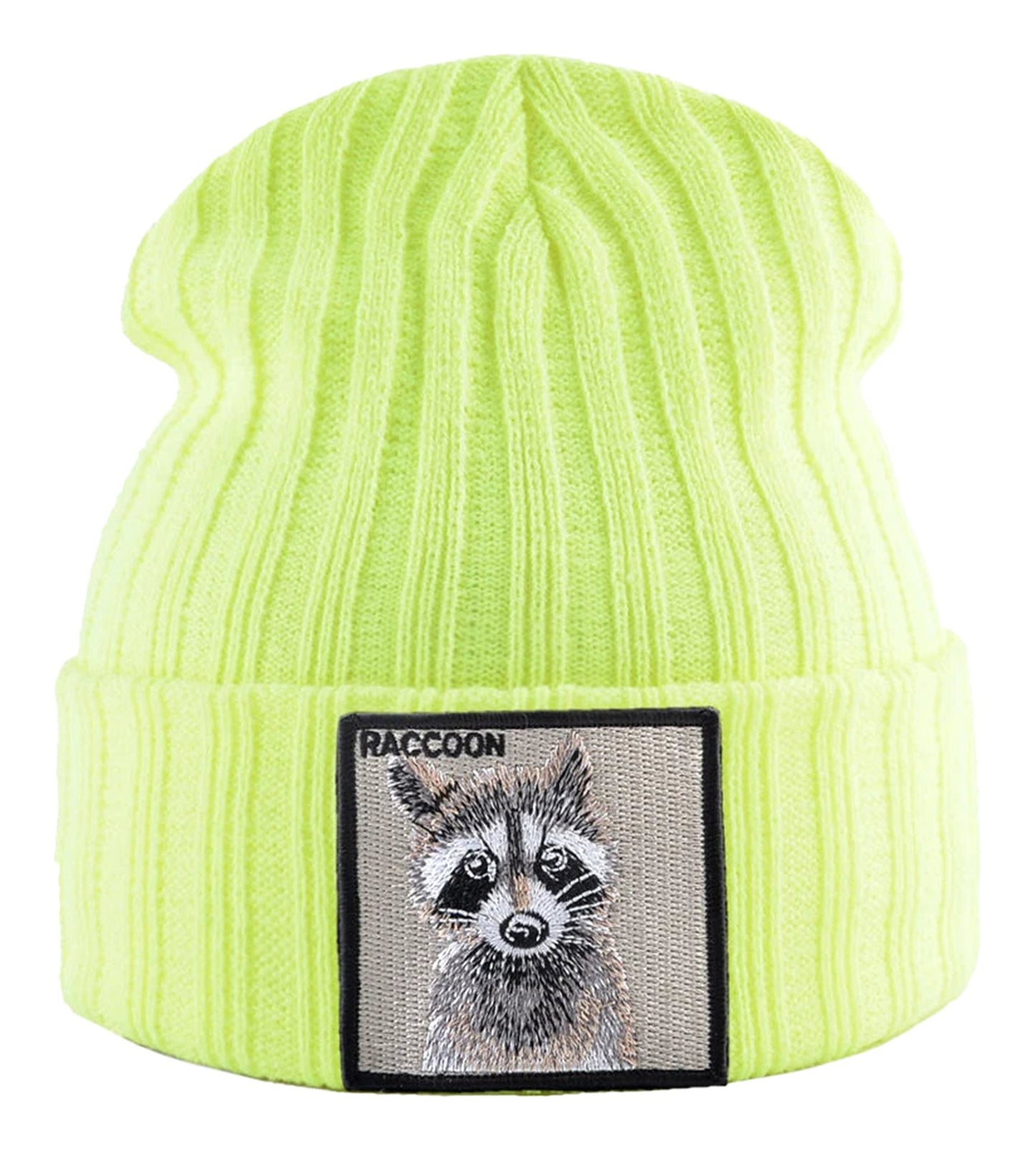 Bright yellow knitted beanie hat with patch featuring a raccoon design from LuckeLadybug LLC