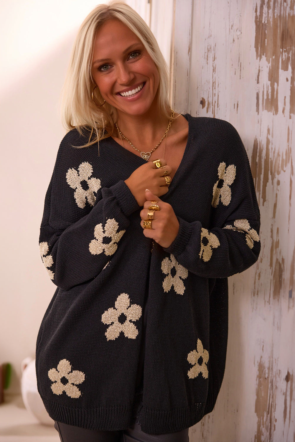 Knitted Cardigan Sweaters with Floral Design