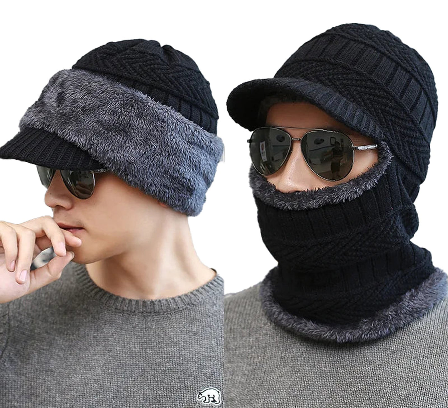 LuckeLadybug knitted winter balaclava hat with a warm fur lining and protective brim for cold weather