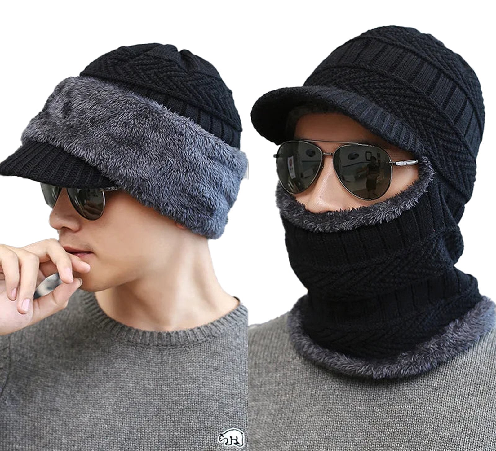 LuckeLadybug knitted winter balaclava hat with a warm fur lining and protective brim for cold weather