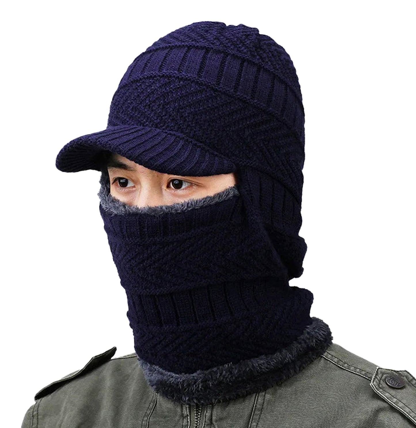 Knitted winter balaclava hat from LuckeLadybug LLC, featuring a stylish visor and warm coverage