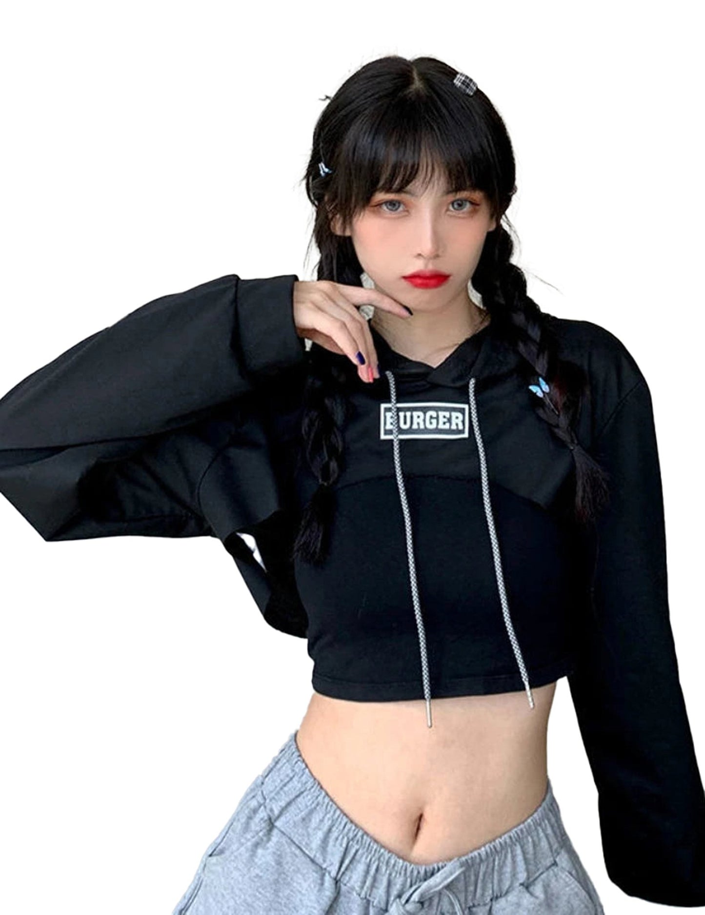 Trendy Korean style hoodie for women in black with cropped design and stylish details